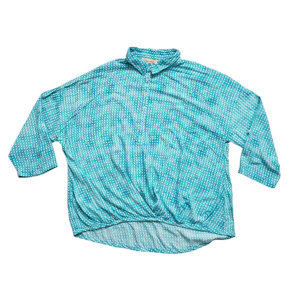 Davina Blouse Womens Large Geometric Button Front Roll Tab 3/4 Sleeve Top - Picture 1 of 10